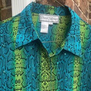 Diane Gilman Green and Blue Snake Print Shirt silk
